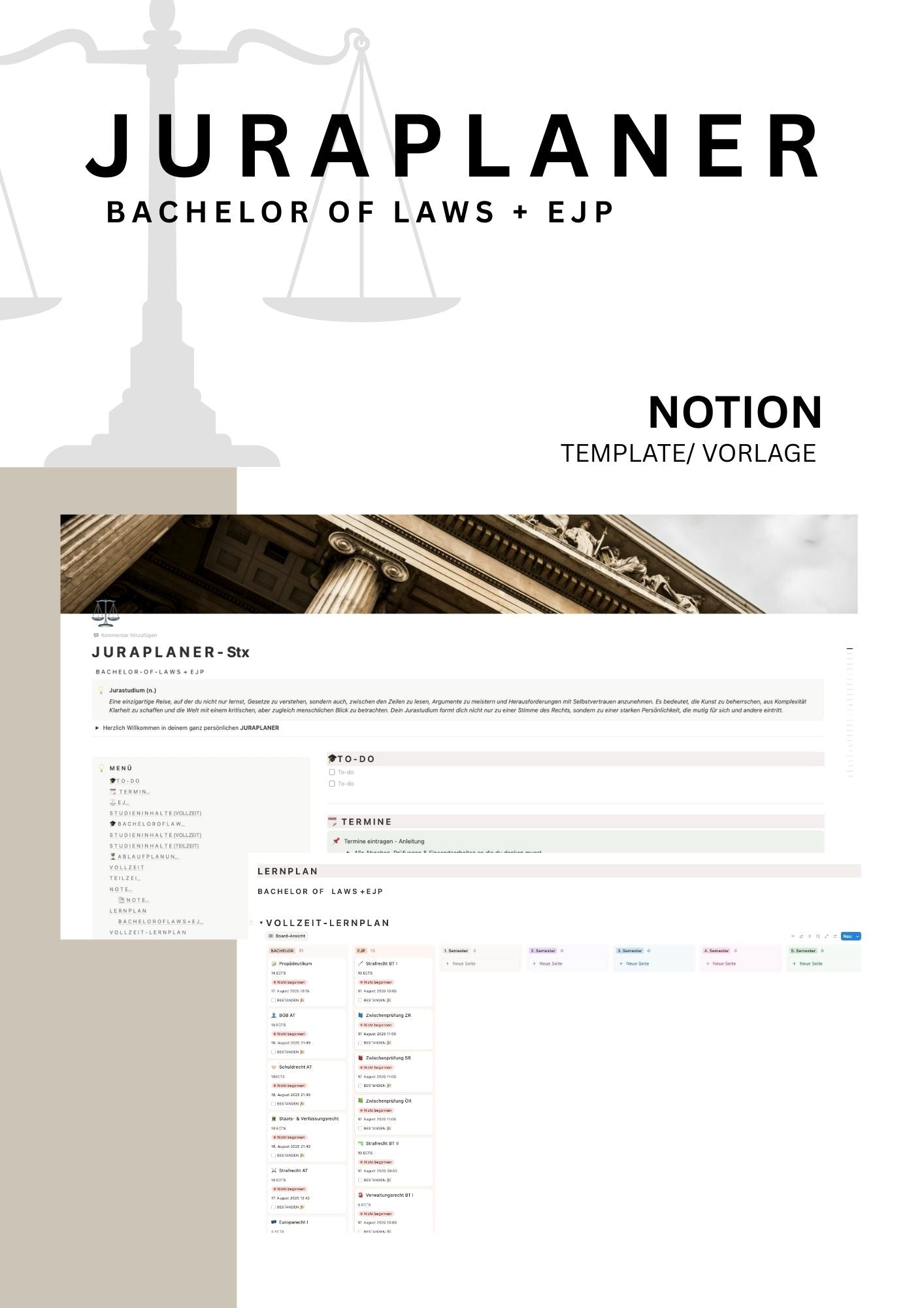 JURAPLANER ⚖️ - Bachelor of Laws & EJP (Fernuni) - Notion Vorlage - Study law with Angie