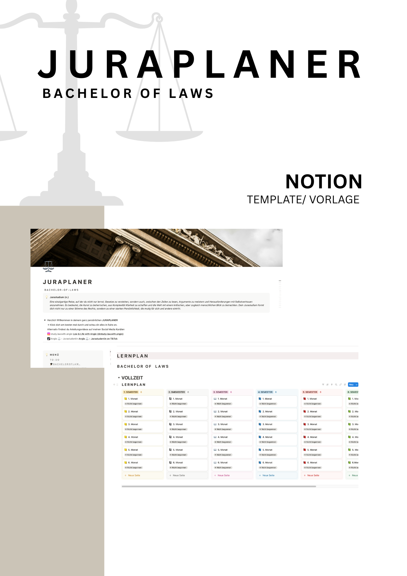 JURAPLANER ⚖️ - Lernplan für Fernunistudenten (Bachelor of Laws) - Notion Template/Vorlage - Study law with Angie