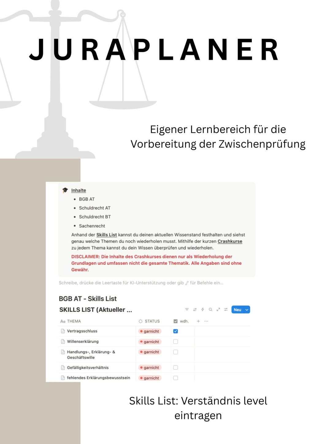 JURAPLANER - BLANKO (Notion Template/Vorlage) - Study law with Angie