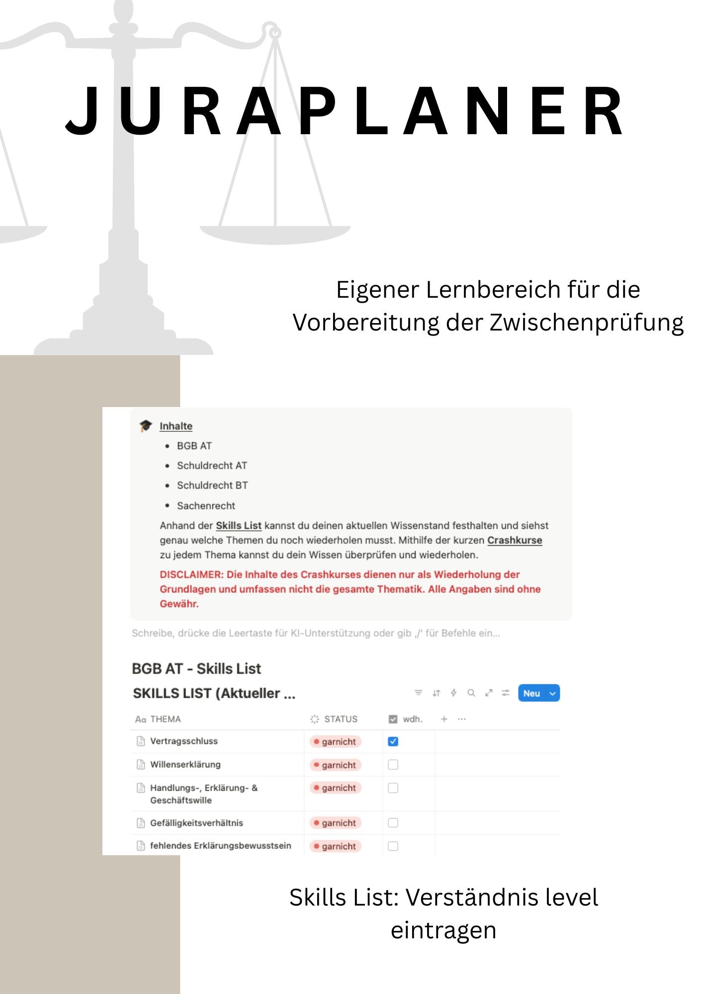JURAPLANER - BLANKO (Notion Template/Vorlage) - Study law with Angie