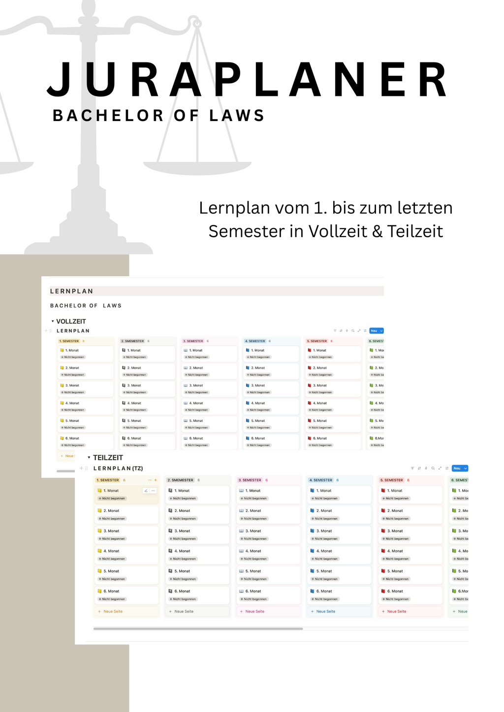 JURAPLANER ⚖️ - Lernplan für Fernunistudenten (Bachelor of Laws) - Notion Template/Vorlage - Study law with Angie