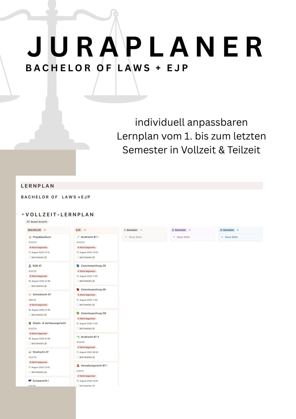 JURAPLANER ⚖️ - Bachelor of Laws & EJP (Fernuni) - Notion Vorlage - Study law with Angie