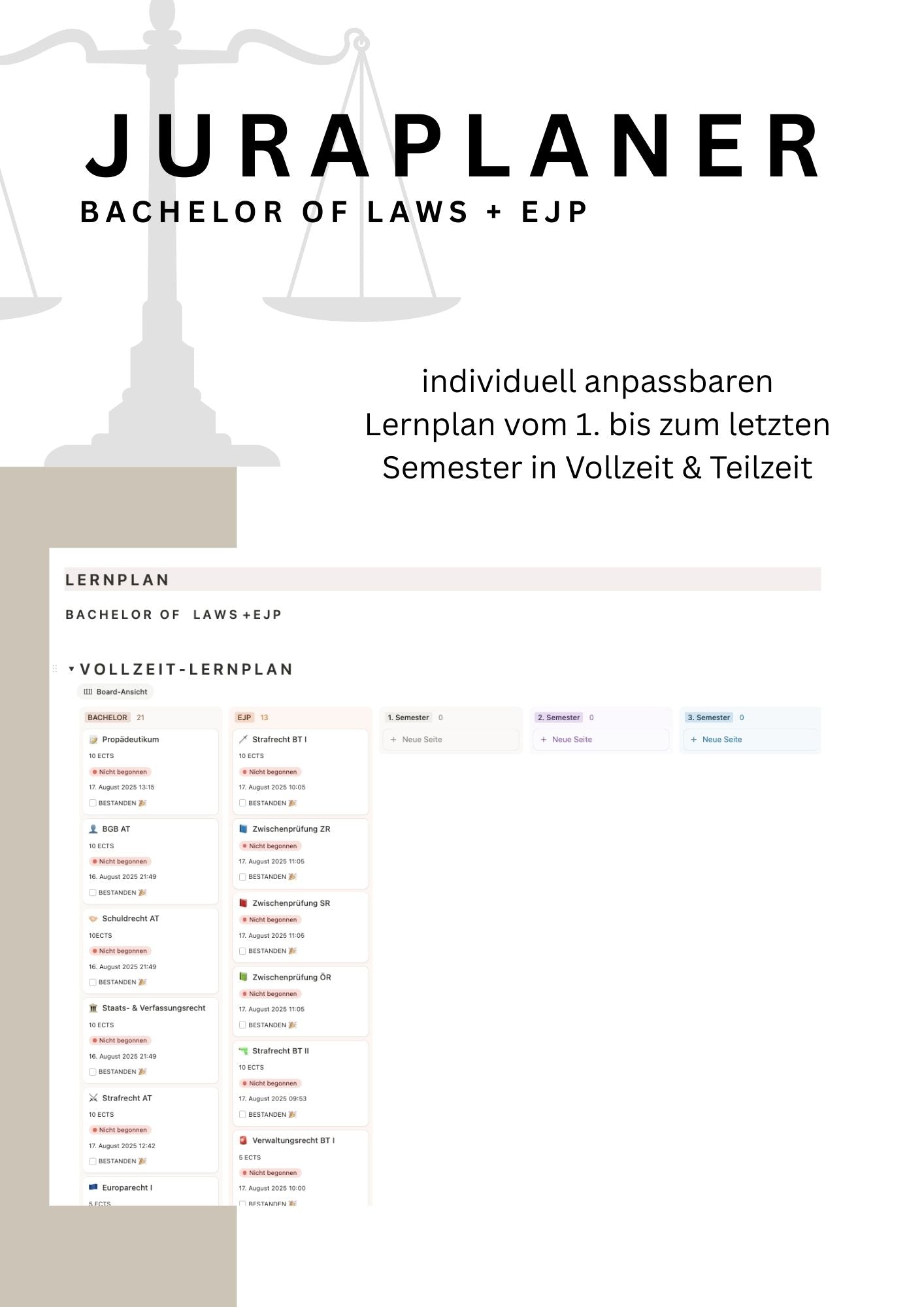JURAPLANER ⚖️ - Bachelor of Laws & EJP (Fernuni) - Notion Vorlage - Study law with Angie