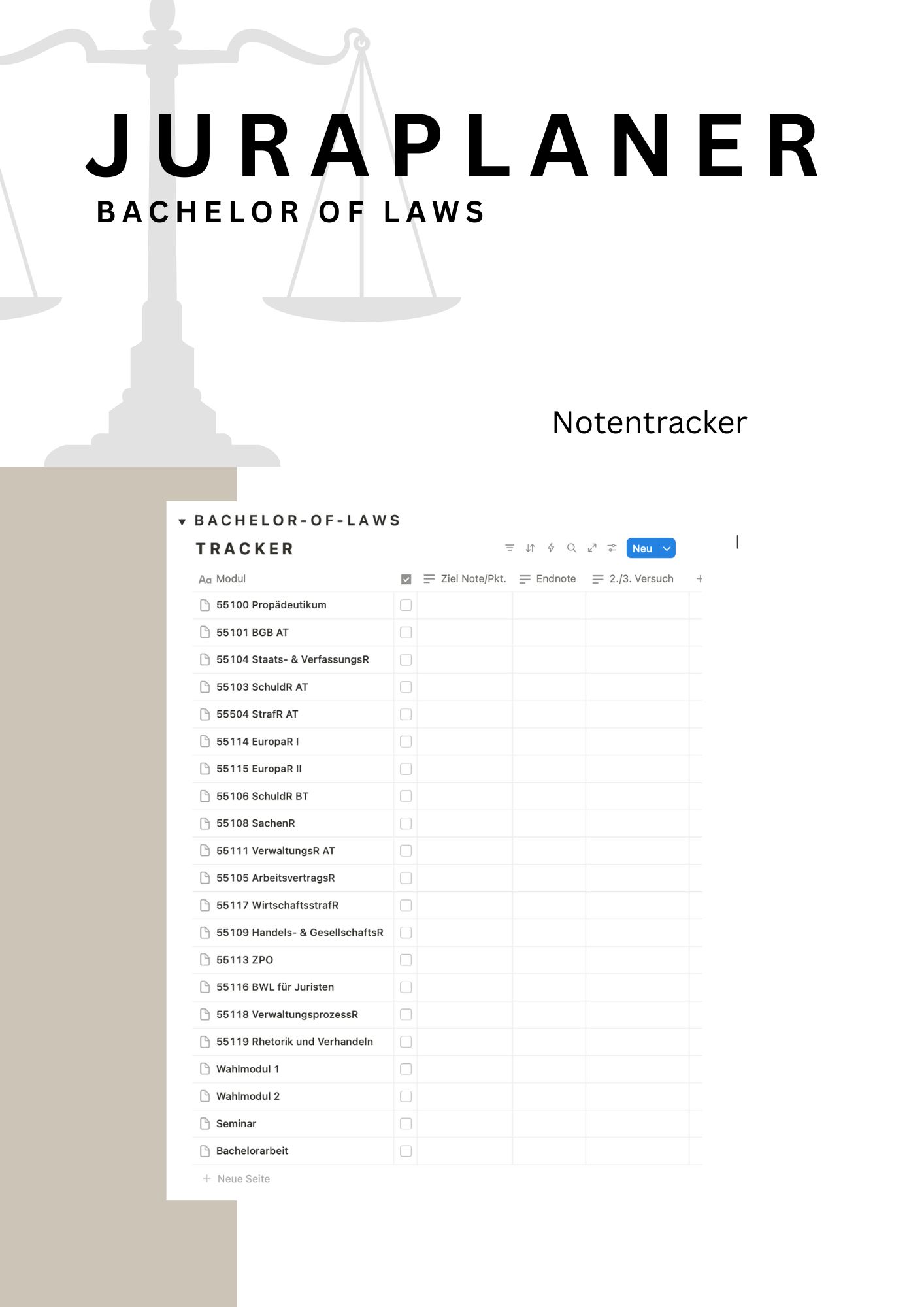 JURAPLANER ⚖️ - Lernplan für Fernunistudenten (Bachelor of Laws) - Notion Template/Vorlage - Study law with Angie