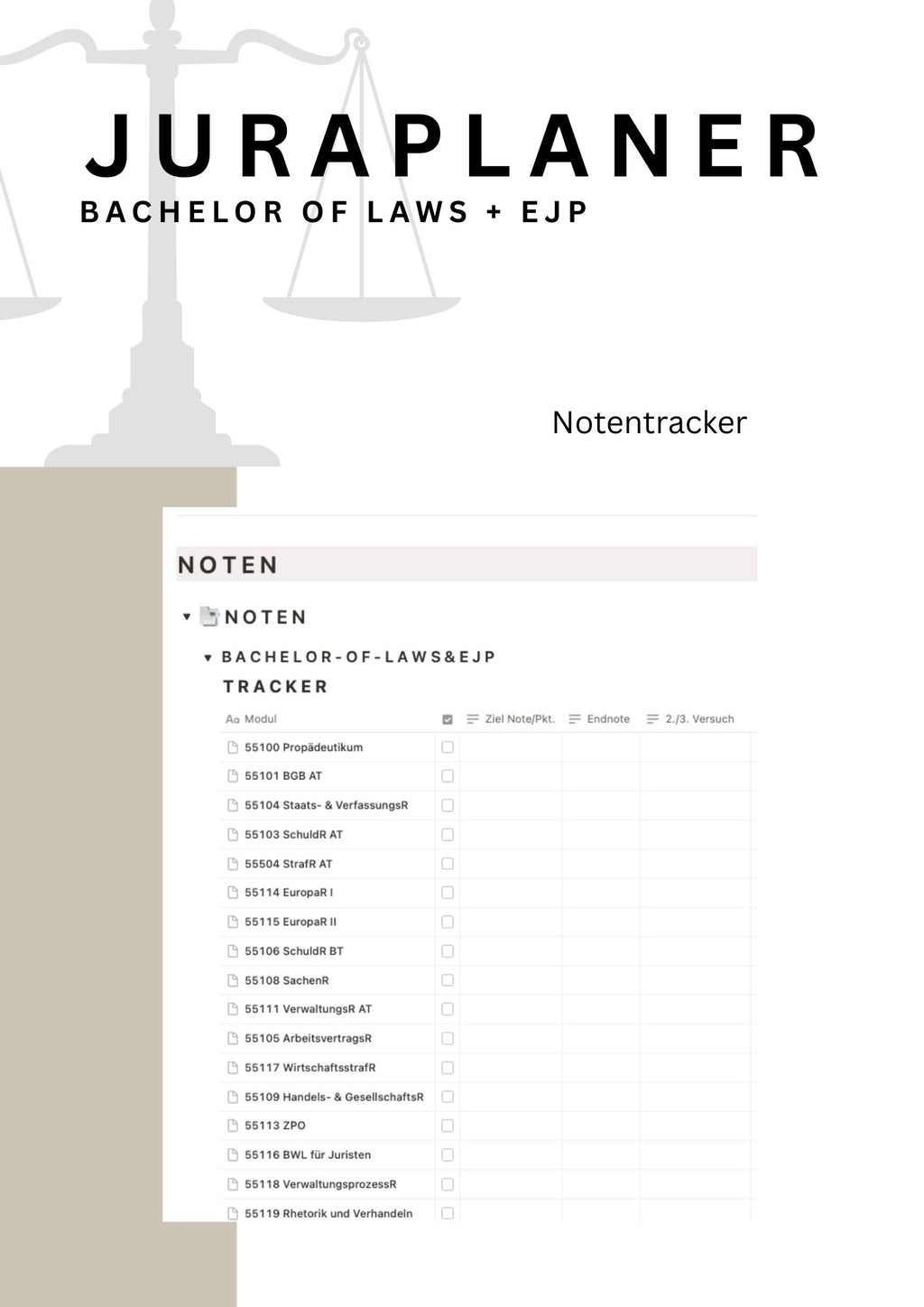 JURAPLANER ⚖️ - Bachelor of Laws & EJP (Fernuni) - Notion Vorlage - Study law with Angie