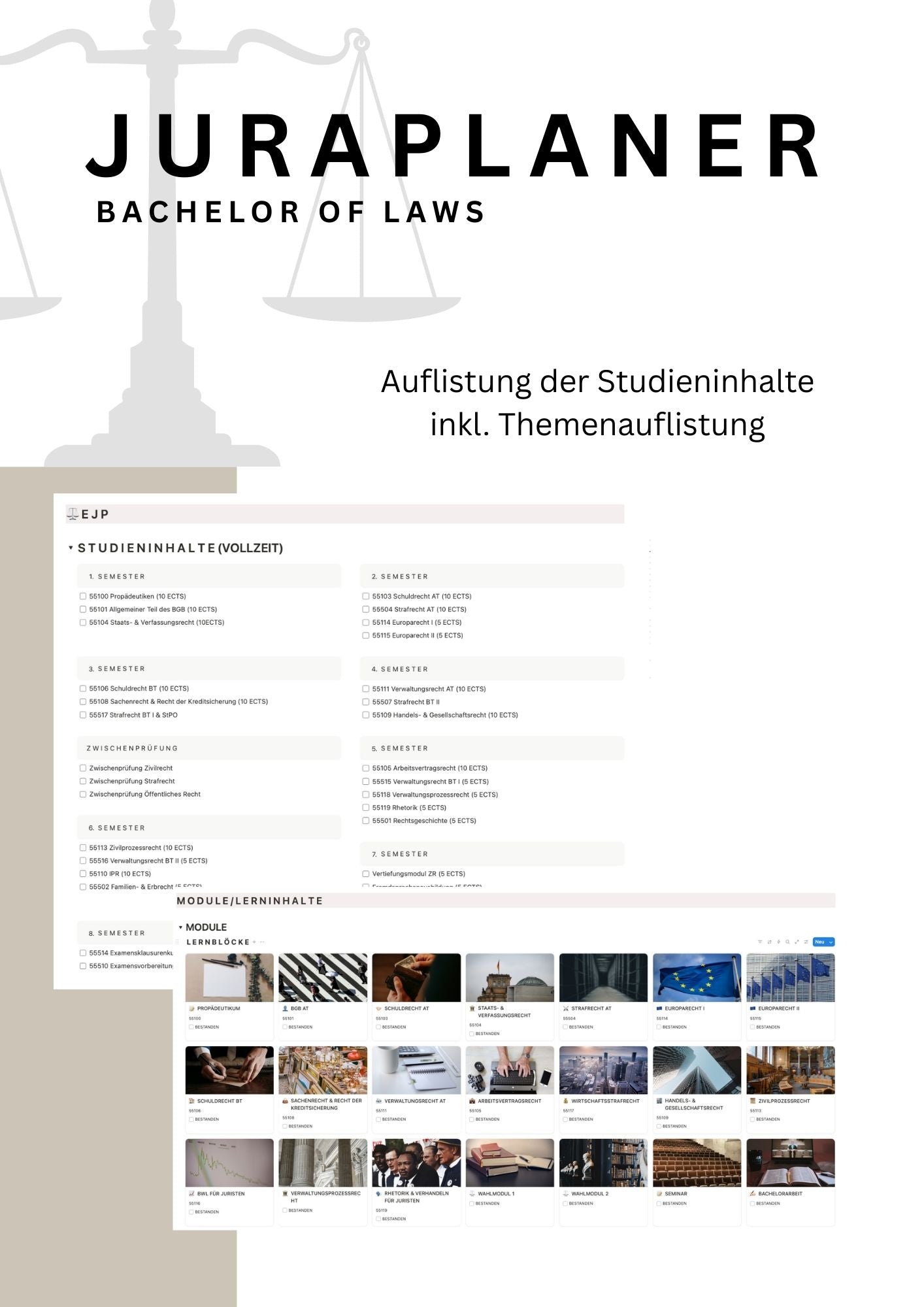 JURAPLANER ⚖️ - Bachelor of Laws & EJP (Fernuni) - Notion Vorlage - Study law with Angie