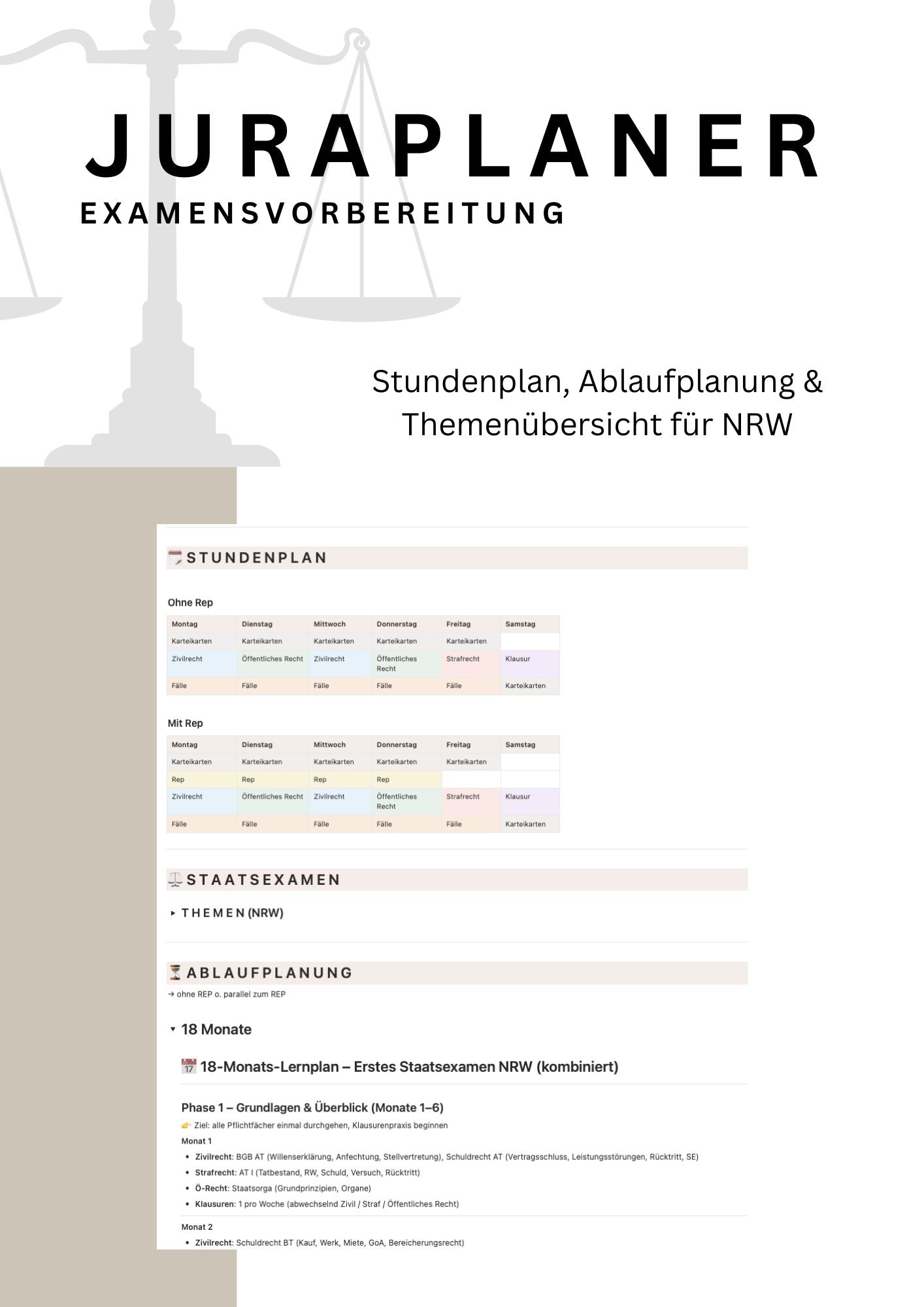 JURAPLANER - Examensvorbereitung (NRW) - Notion Vorlage /Template - Study law with Angie
