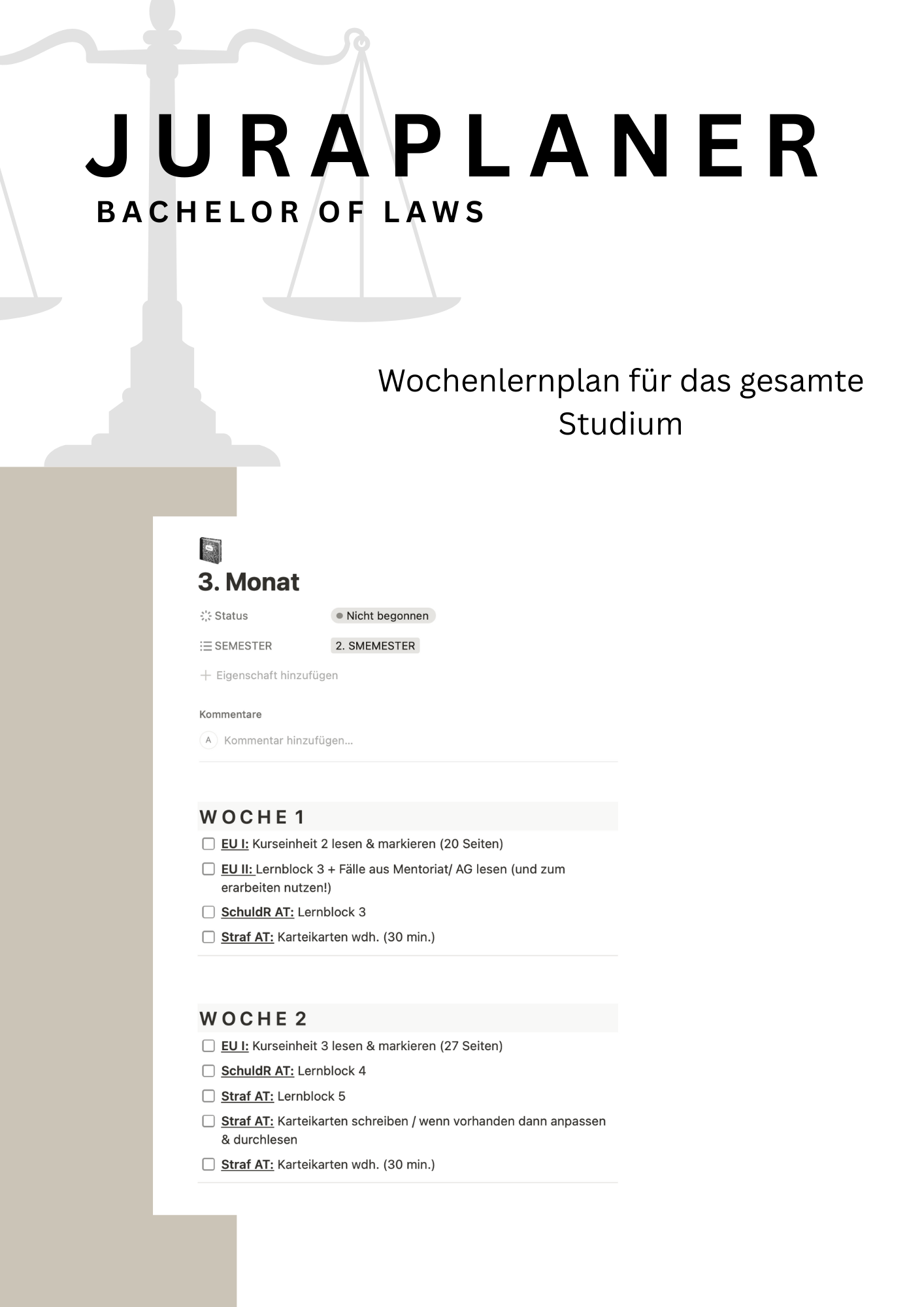 JURAPLANER ⚖️ - Lernplan für Fernunistudenten (Bachelor of Laws) - Notion Template/Vorlage - Study law with Angie