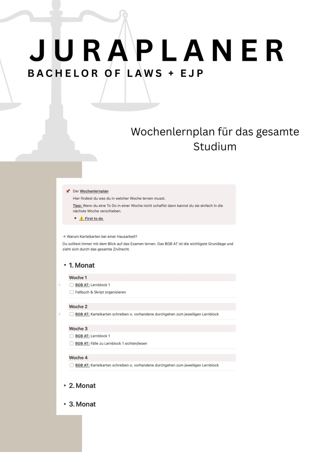 JURAPLANER ⚖️ - Bachelor of Laws & EJP (Fernuni) - Notion Vorlage - Study law with Angie
