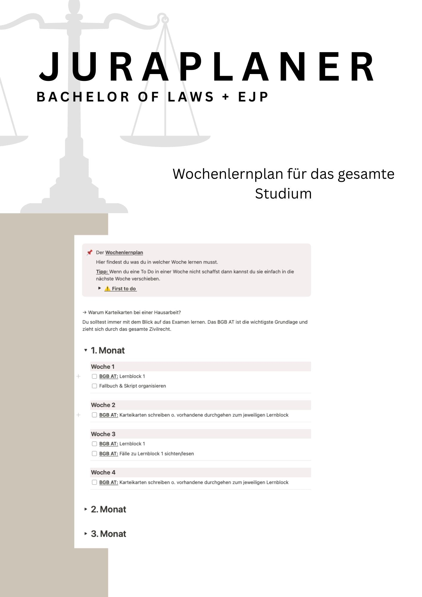 JURAPLANER ⚖️ - Bachelor of Laws & EJP (Fernuni) - Notion Vorlage - Study law with Angie