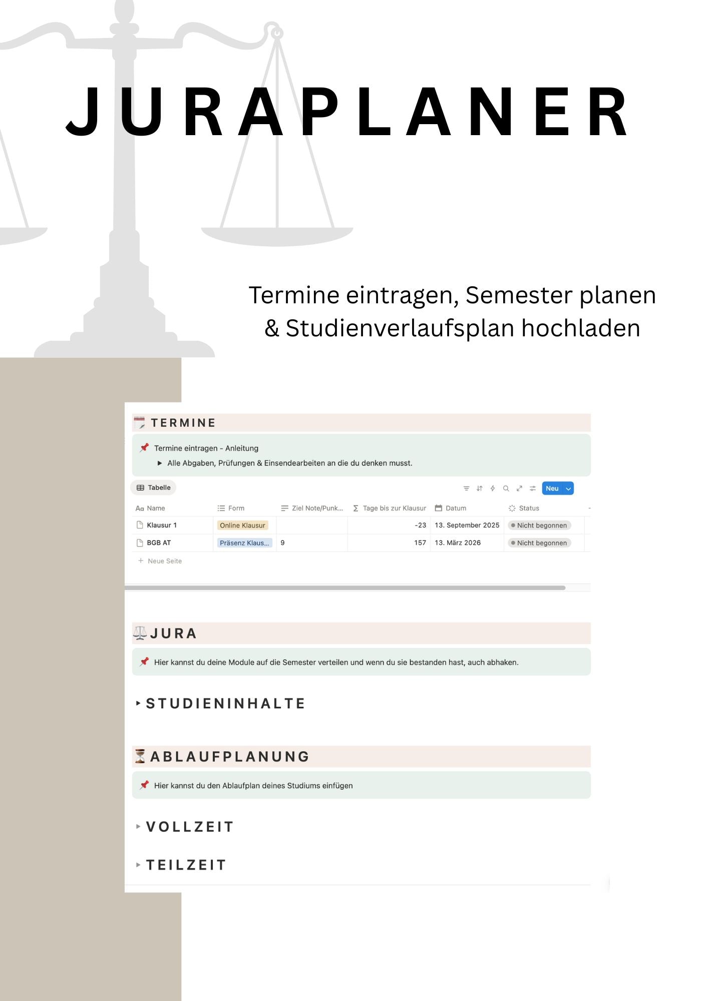 JURAPLANER - BLANKO (Notion Template/Vorlage) - Study law with Angie