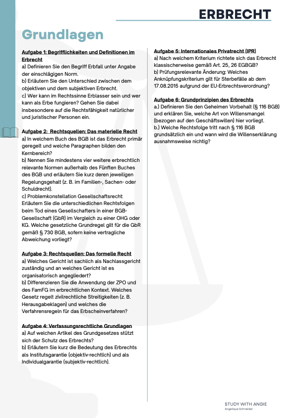 Erbrecht - Skript & Workbook - Study law with Angie